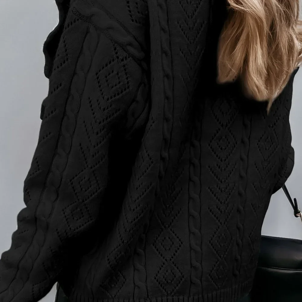 Black Ruffled Buttoned Open Front Knitted Sweater - Picture 4 of 16